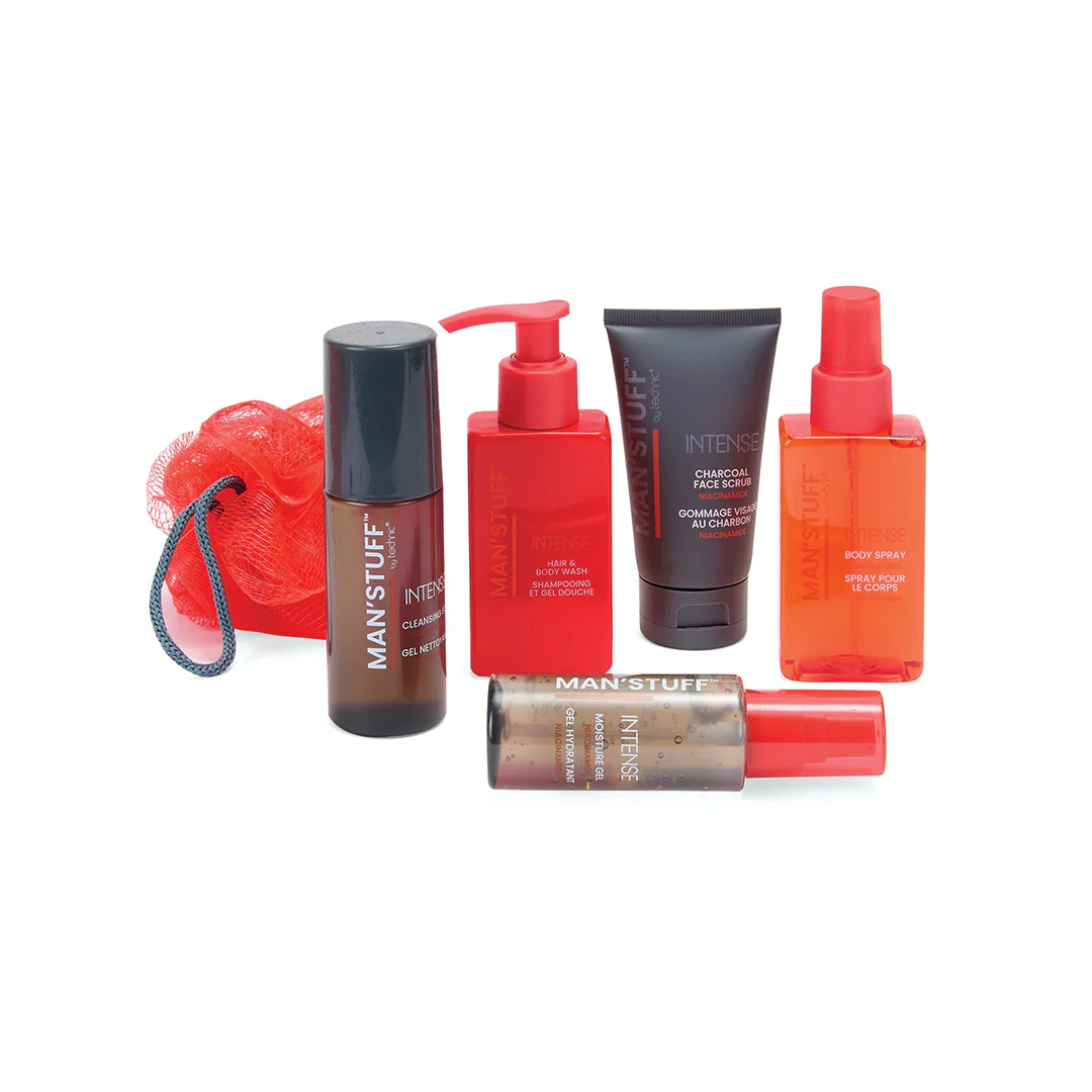 Man Stuff Total Intense 4 Piece Kit Cleansing Gel, Moisture Gel, Face Scrub & Hair & Body Wash - Image 2